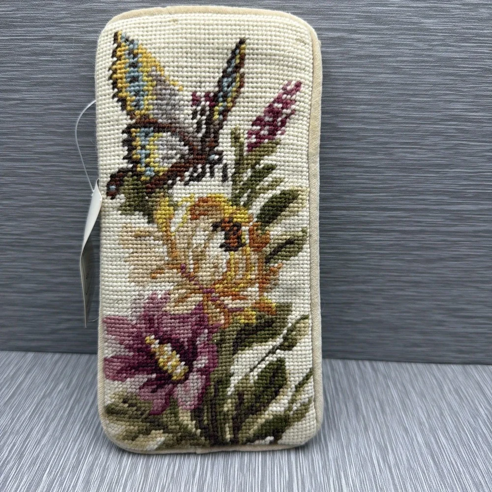 Vintage Needlepoint Eyeglass Case Wool Butterfly Floral Botanical Soft Glasses